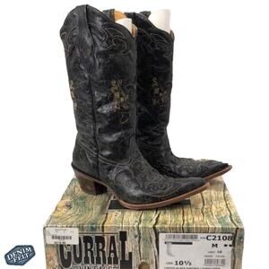 Corral LADIES BLACK VINTAGE LEATHER LIZARD INLAY SNIP TOE Western/Cowboy Boots
